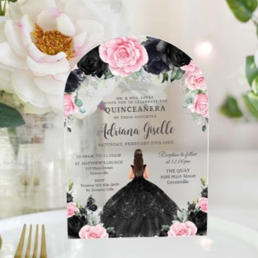 black pink floral flowers dress silver quinceanera acrylic invitations