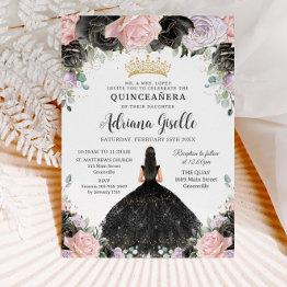 Small Black Pink Purple Floral Gold Quinceanera Sweet 16 Invitation Front View