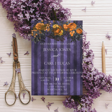 black purple orange watercolor floral halloween invitation
