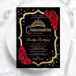 Small Black Red Gold Elegant Quinceanera Invitation Front View