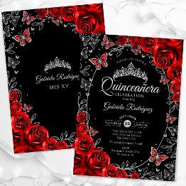 Small Black Red Silver Quinceanera Invitation Front View