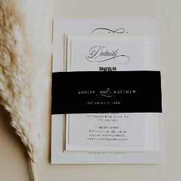 Small Black Romantic Calligraphy Wedding Invitation Belly Band Front View