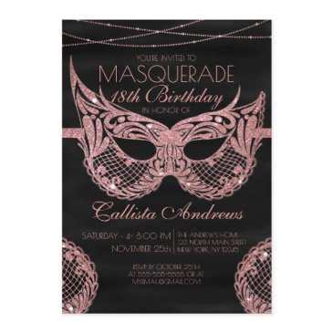 black rose gold glitter lace masquerade birthday invitation