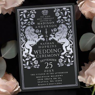 black royal lion medieval silver wedding invitation
