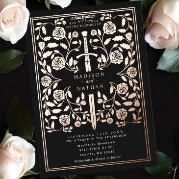black royal medieval rose gold sword wedding foil invitation