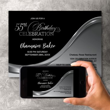 black silver 55th birthday party invitation