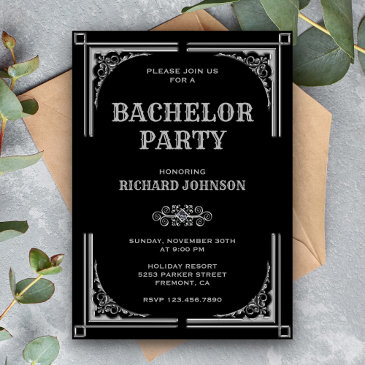 black silver art deco bachelor party invitation