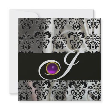 black silver silk damask monogram purple amethyst invitation