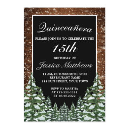 Small Black Snowy Forest & Wood Pine Tiara Quinceañera Invitation Front View