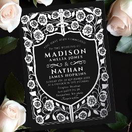 Small Black Sword Shield Medieval Monogram Wedding Foil Invitation Front View