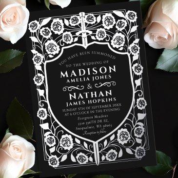 black sword shield medieval monogram wedding foil invitation