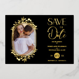 Small Black Wedding Fancy Ornament Frame Flowers Photo Foil Invitation Front View