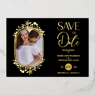 black wedding fancy ornament frame flowers photo foil invitation