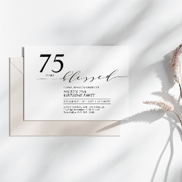 Small Black & White 75 Years Blessed Birthday Party Invitation Front View