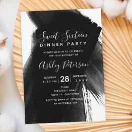 Small Black White Brushstrokes Typography Sweet 16 Invitation Front View