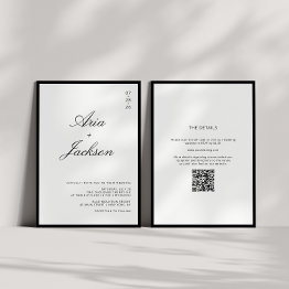 Small Black & White Calligraphy Modern Qr Code Wedding Invitation Front View