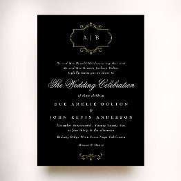 Small Black White Classic Gold Crest Monogram Wedding Foil Invitation Front View