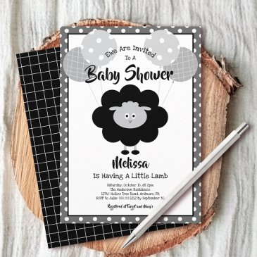 black white lamb baby shower cute simple modern invitation