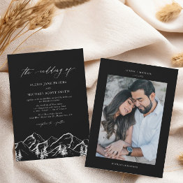 Small Black + White Mountains Outdoor Pine Tree Wedding Invitation Front View