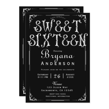 black & white old vintage type sweet 16 party invitation