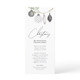 Small Black & White Ornament Christmas Dinner Menu Front View