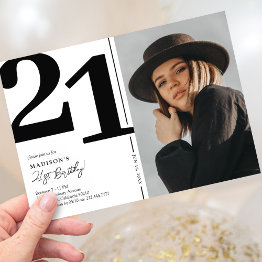 Small Black White Photo 21st Birthday Party Invitation Front View