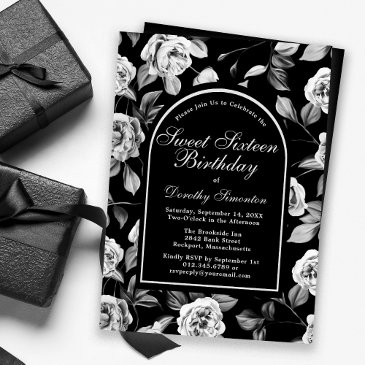 black white rose floral arch sweet sixteen invitation