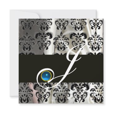 black white silk damask monogram blue sapphire invitation