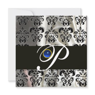 black white silk damask monogram blue sapphire invitation