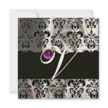 black white silk damask monogram purple amethyst invitation