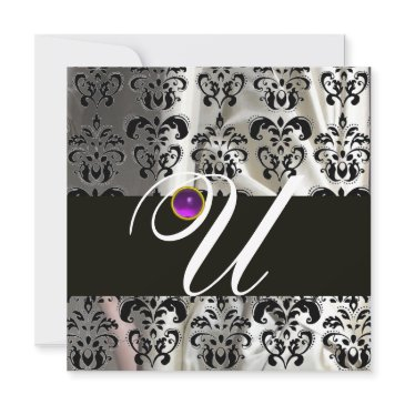 black white silk damask monogram purple amethyst invitation