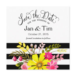 Small Black White Striped Flowers Save The Date Yellow Front View