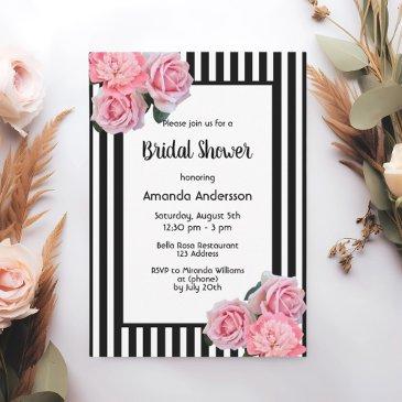 black white stripes pink florals bridal shower invitation