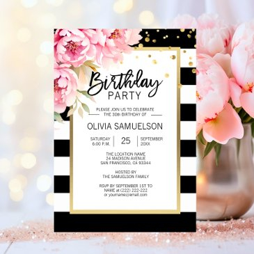 black white stripes pink peonies birthday party invitation