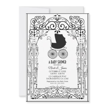 black & white vintage carriage deco baby shower invitation