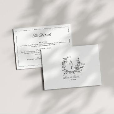 black & white wildflower monogram details invitations