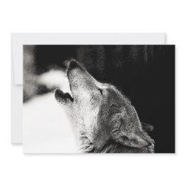 Small Black & White Wolf Howling At Moon Invitation Front View