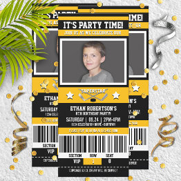 Small Black/yellow Hockey Ticket Birthday Party Invitation Front View