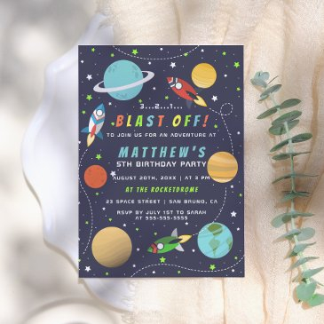 blast off! space themed birthday party invitation