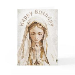 Small Blessed Mother Mary Praying With Rosary Thank You Invitations Front View