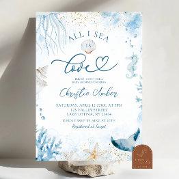 Small Blue All I Sea Is Love Bridal Shower Invitation Front View