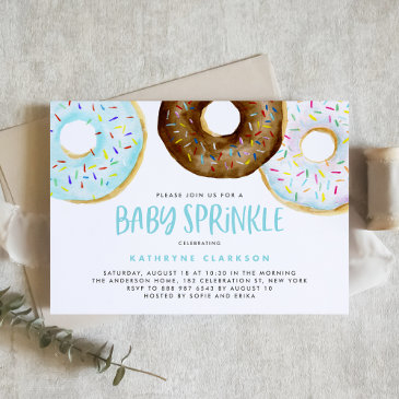 blue and chocolate watercolor donuts baby sprinkle invitation