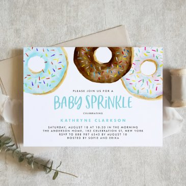 blue and chocolate watercolor donuts baby sprinkle invitation