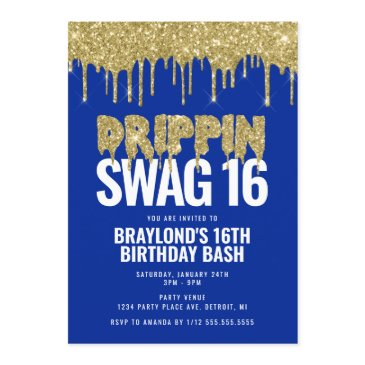 blue and gold drippin swag 16 birthday invitation