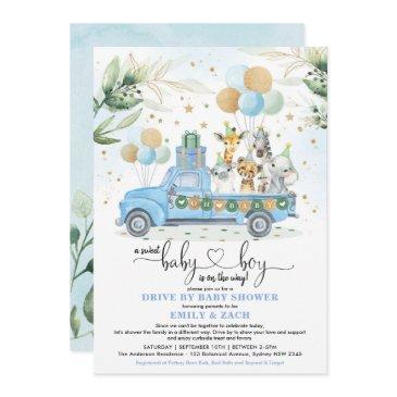 blue and gold jungle safari drive thru baby shower invitation