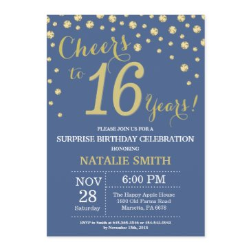 blue and gold surprise 16th birthday diamond invitation