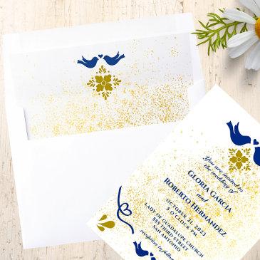blue and golden love birds mexican wedding envelope liner