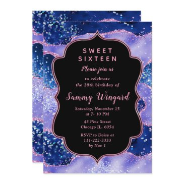 blue and pink glitter ocean agate sweet sixteen invitation