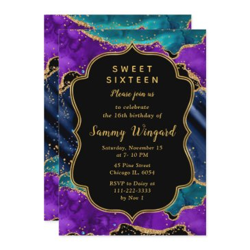 blue and purple peacock agate sweet sixteen invitation