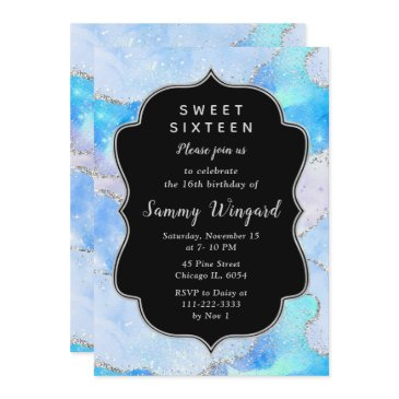blue and silver glitter ocean agate sweet sixteen invitation